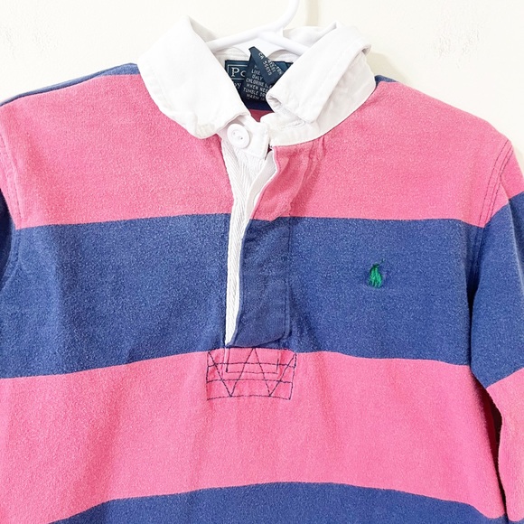Polo by Ralph Lauren Vintage Pink Blue Colorblock Rugby Long Sleeve Shirt Size 5 - Picture 2 of 7